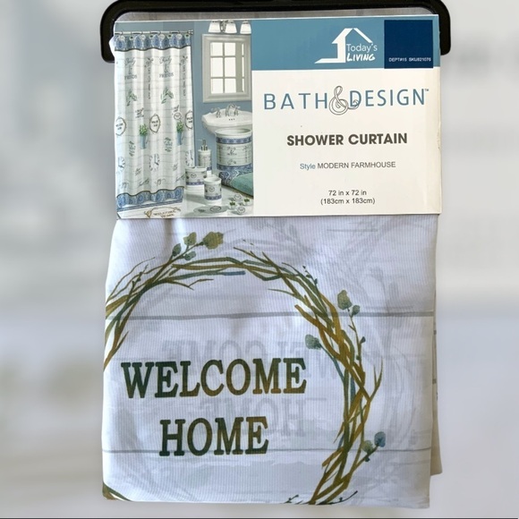 Modern Farmhouse Fabric Shower Curtain White Blue Multicolor 72 in X 72 in - Picture 9 of 16